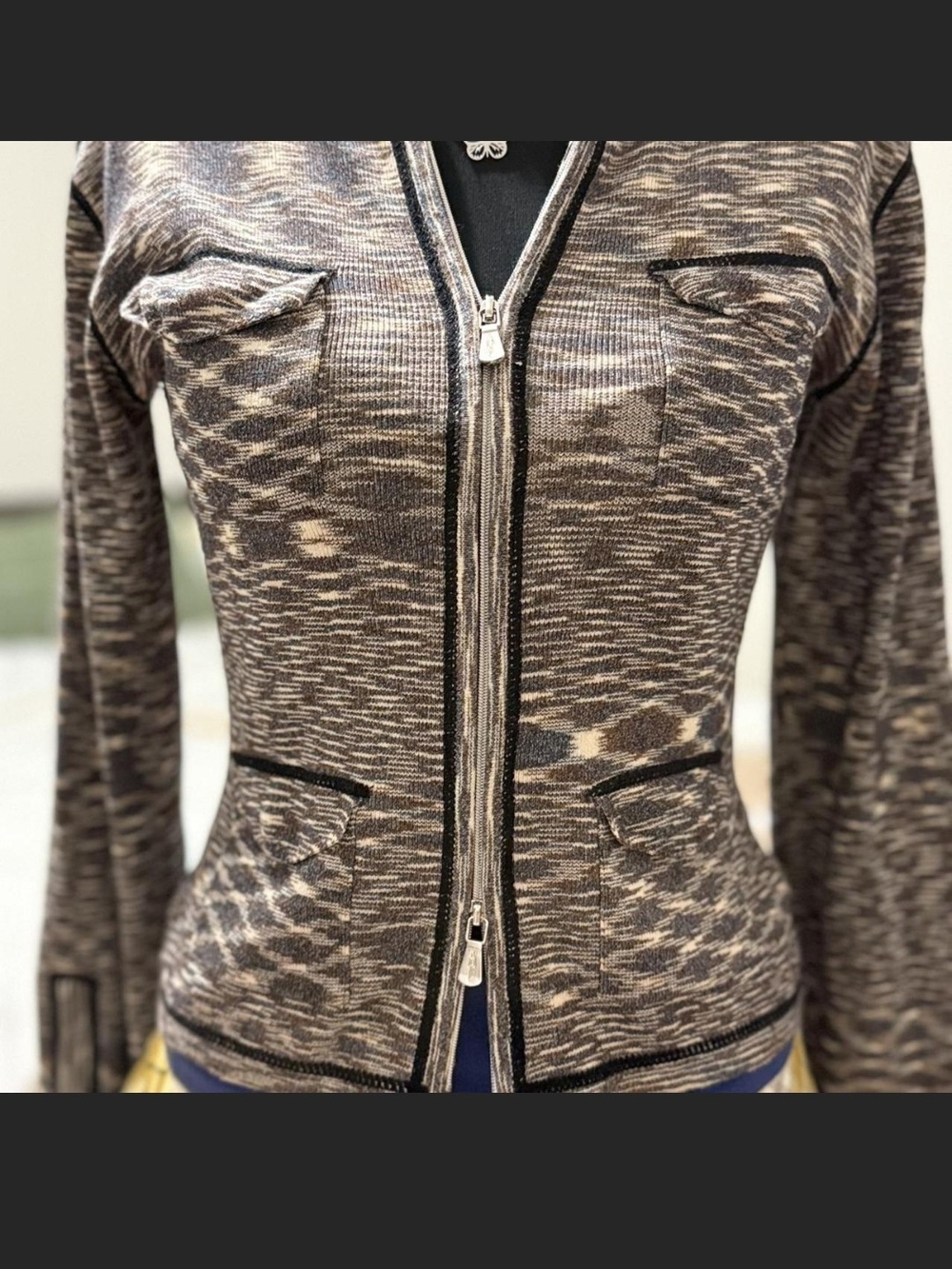 Y2K One Girl Who Brown Space Dye Optical Illusion Abstract Zip Cardigan Jacket